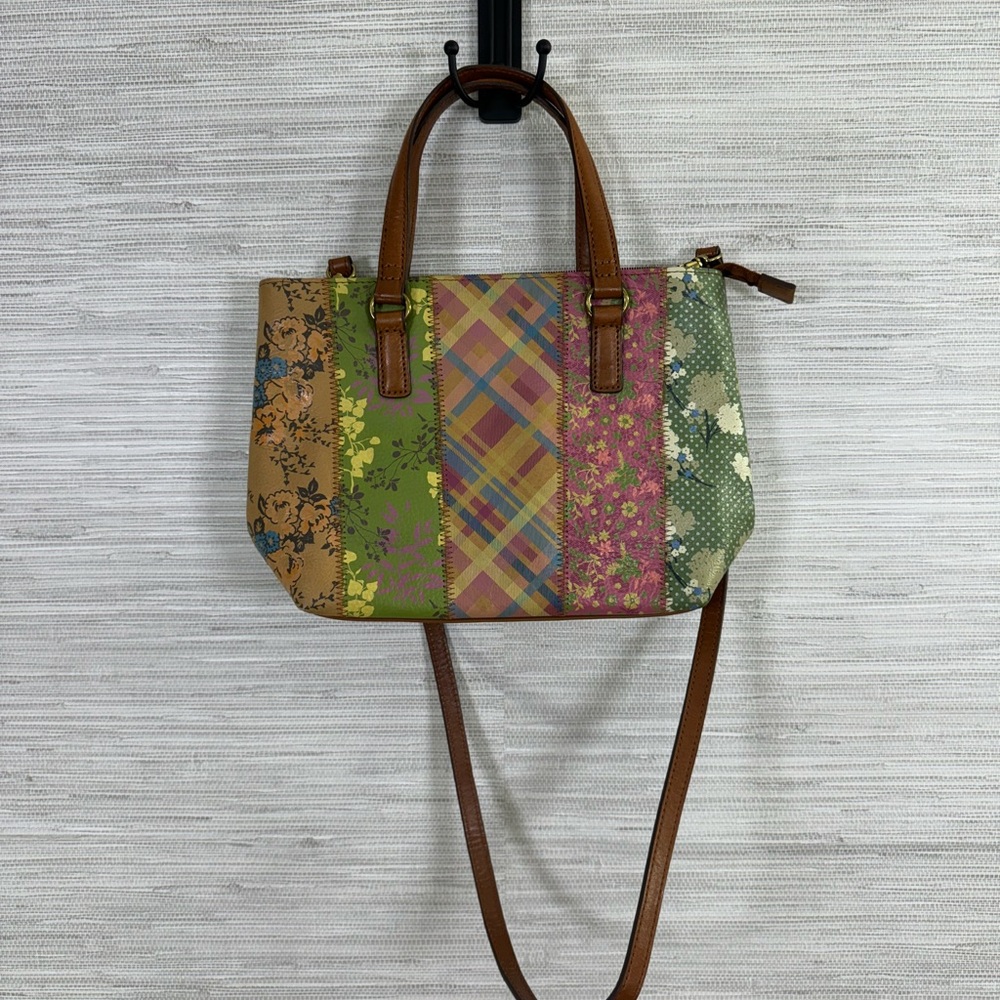 Fossil Leather Multicolor Patterned Patchwork Han… - image 1